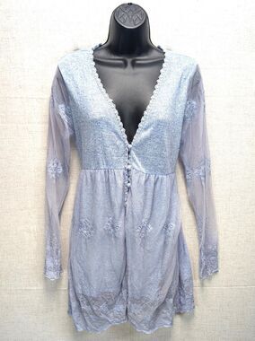A'reve Blue Long Lace Jacket Cardigan Tie Back Floral Boho Chic Women's Size M